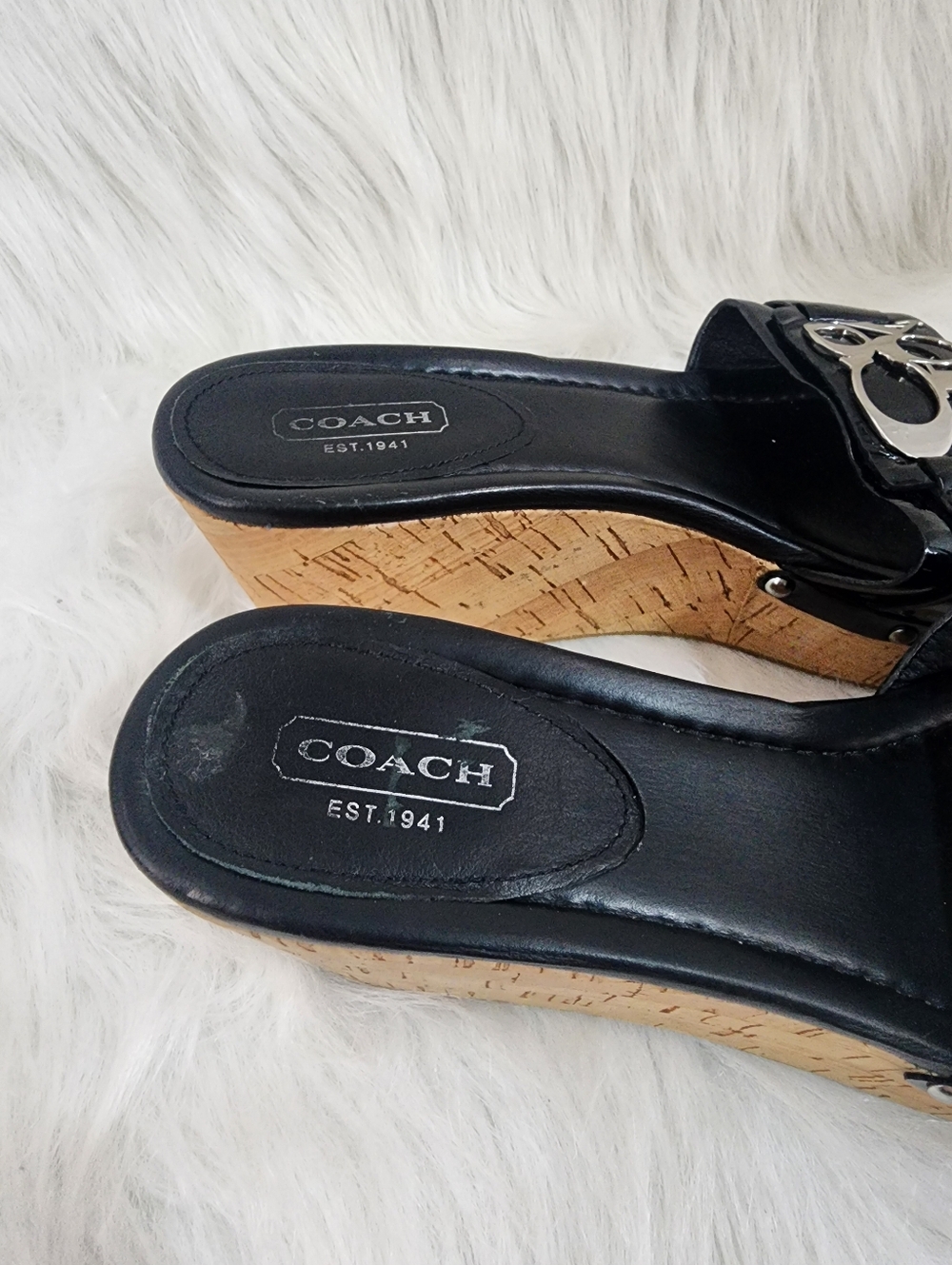 NWOT Coach Slip On Black Patent Leather Cork Wedge Sandals Size 7 - Picture 2 of 10